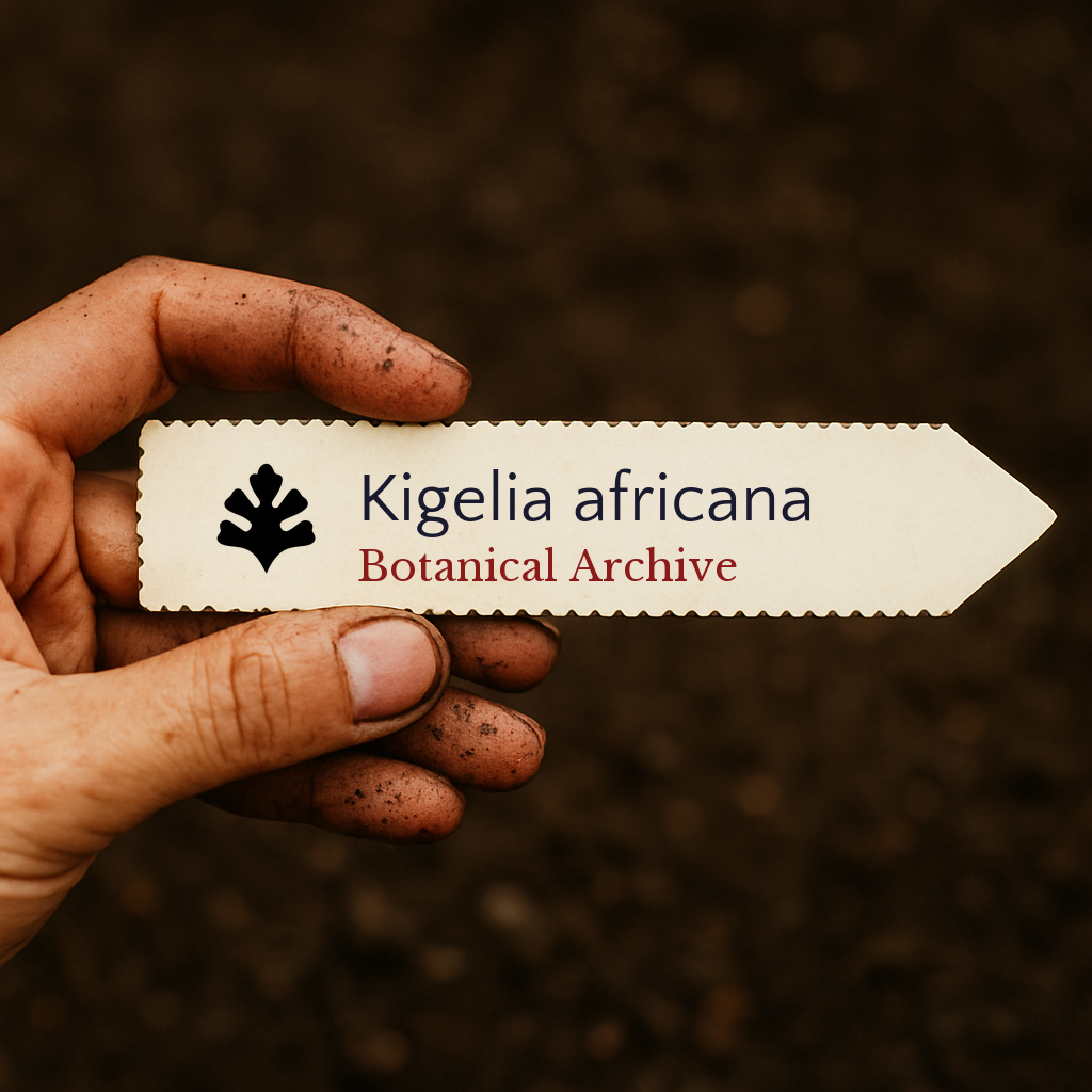 Printed plant label for Kigelia africana held by dirty hand over soil background