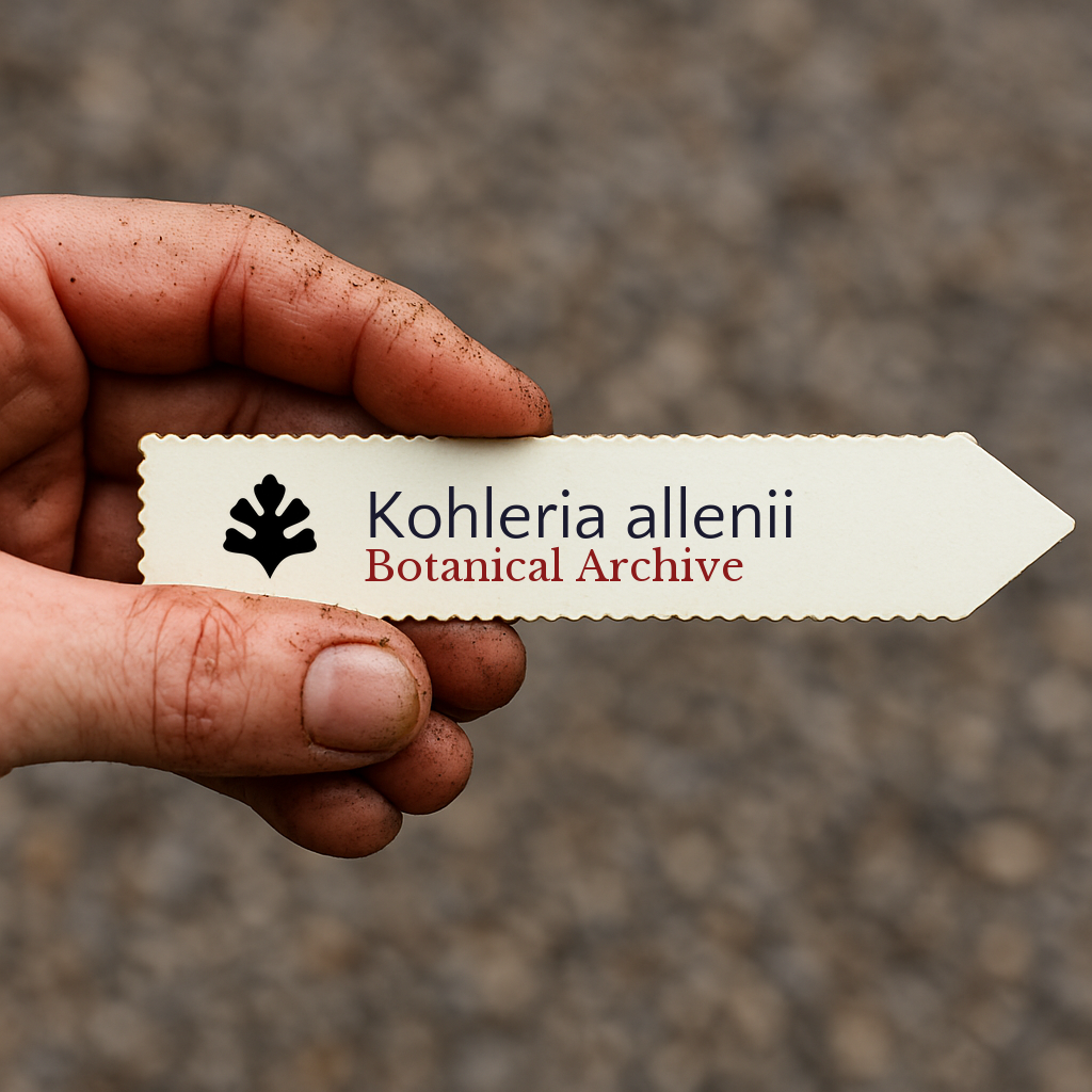 Printed plant label for Kohleria allenii with botanical archive logo held by hand