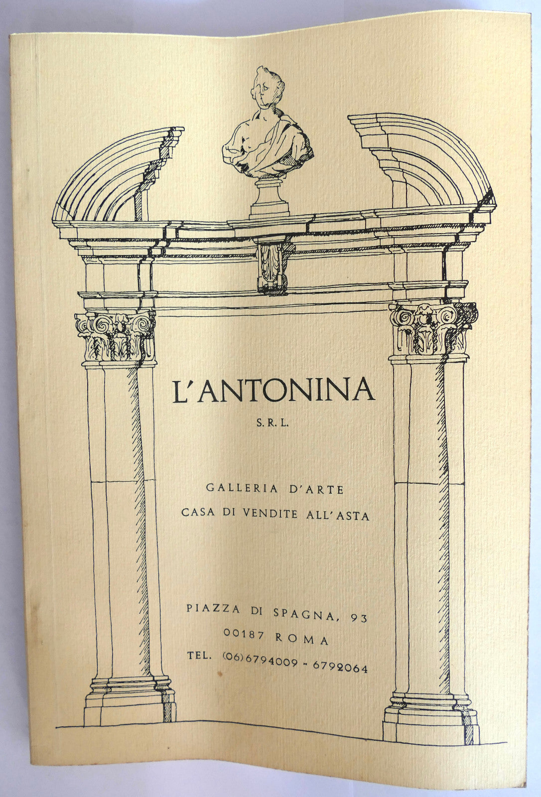 Vintage L'Antonina S.R.L art gallery catalog from Rome with classical architectural illustration