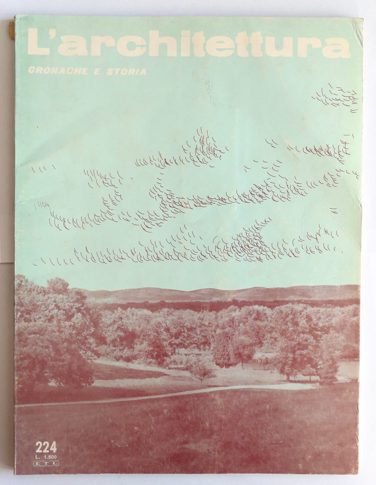 Rivista di architettura vintage italiana numero 224 con illustrazione di copertina paesaggistica