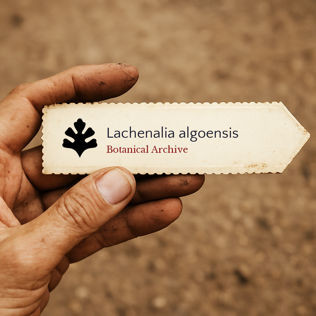 Printed plant label for Lachenalia algoensis held in dirty hand outdoors
