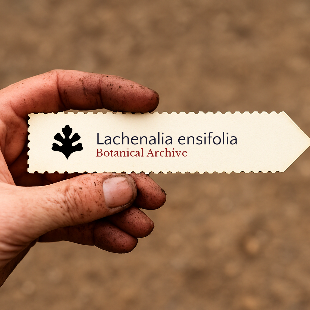 Etichetta vegetale stampata per Lachenalia ensifolia tenuta da mano sporca su sfondo di terreno