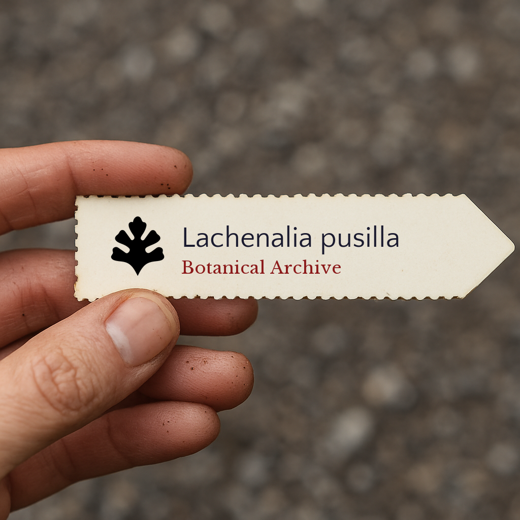 Printed plant label for Lachenalia pusilla held by hand with blurred background