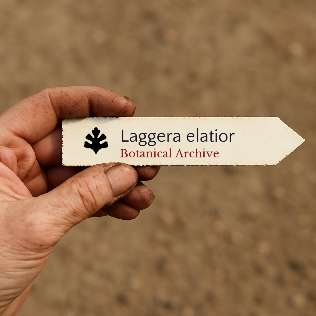 Printed plant label for Laggera elatior held by hand with soil background