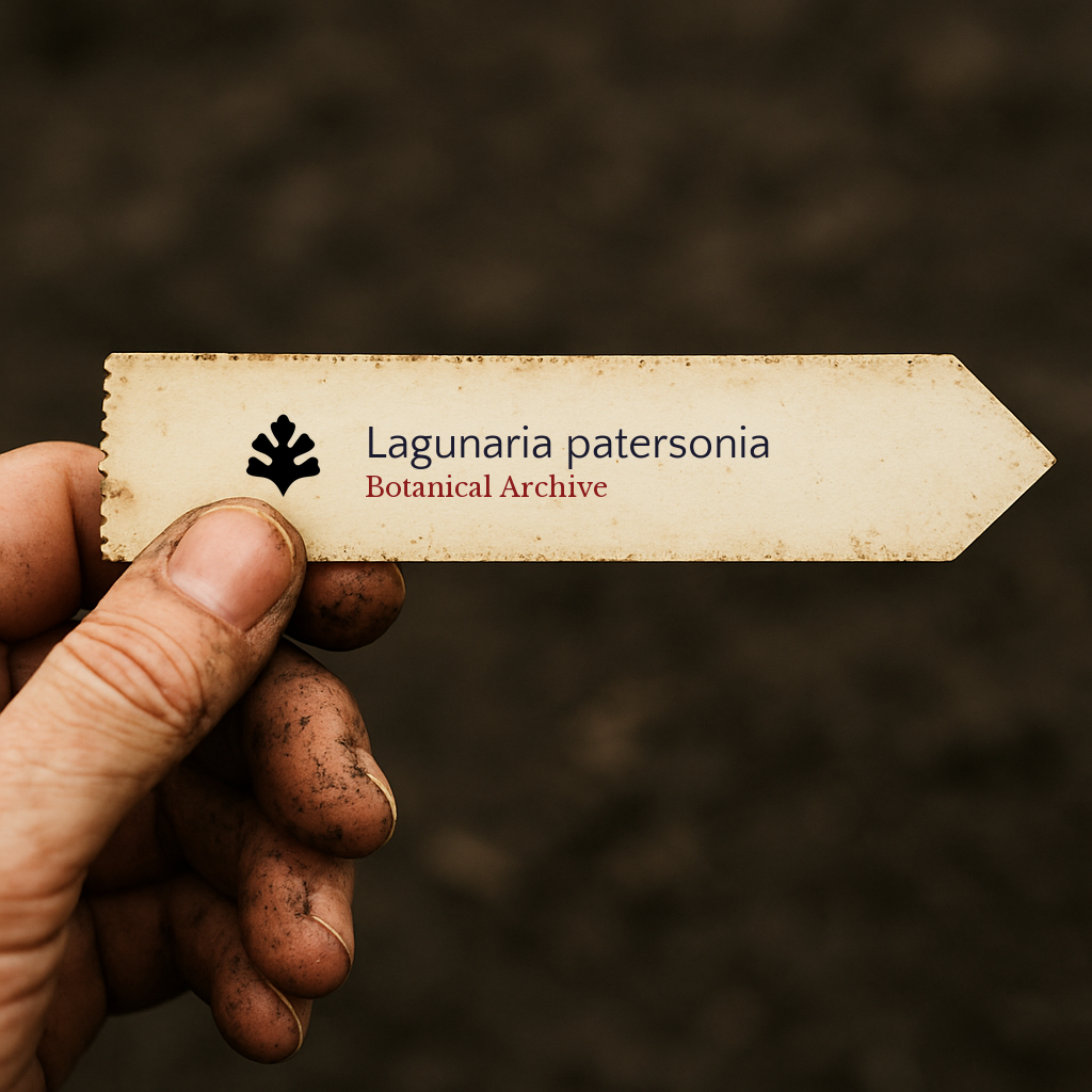 Printed plant label for Lagunaria patersonia held by hand with soil-stained fingers