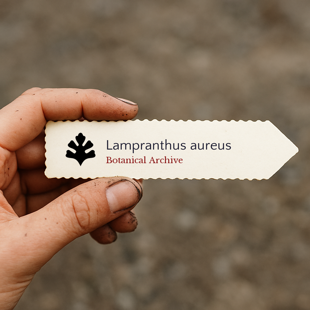 Etichetta per piante stampata per Lampranthus aureus tenuta a mano con terra sotto le unghie