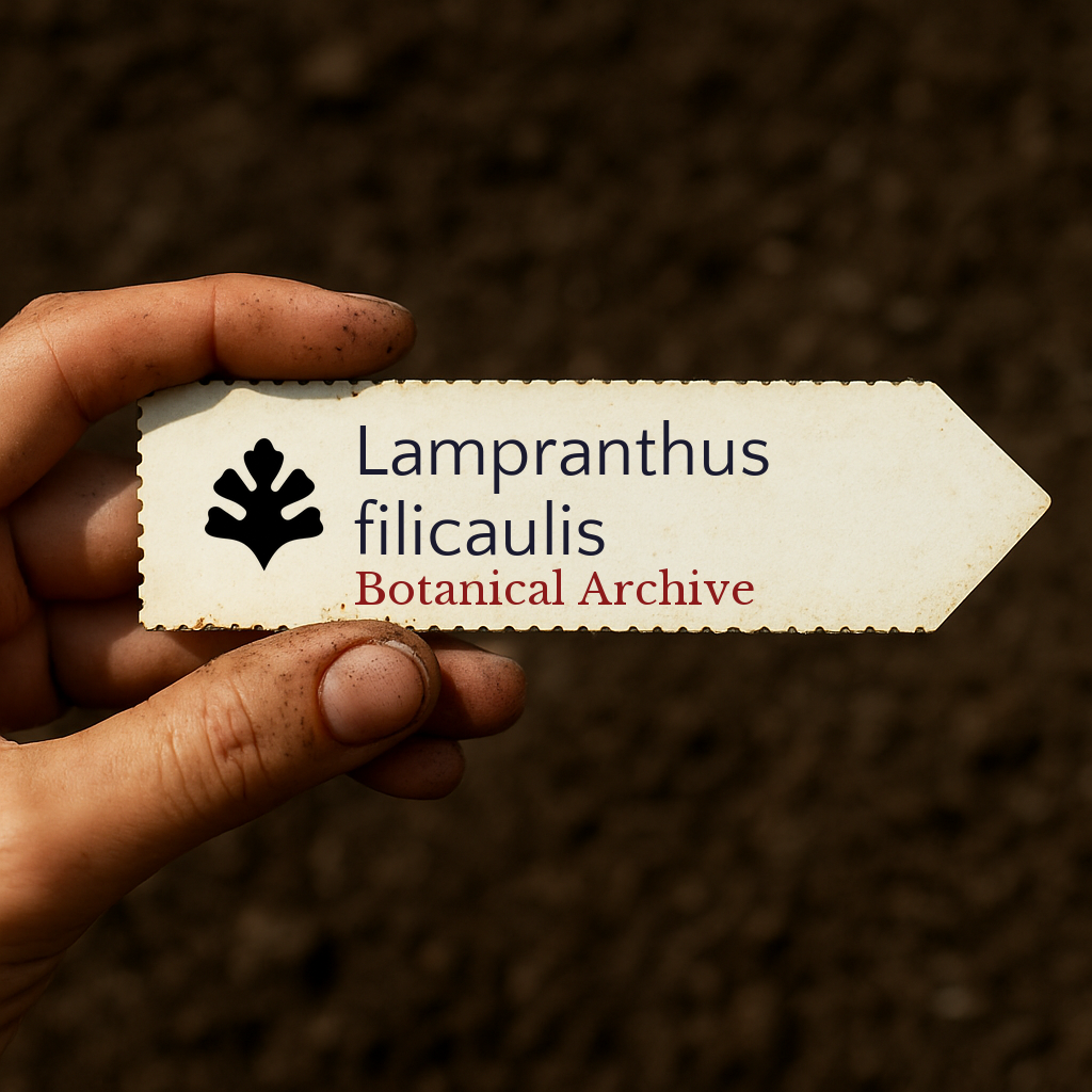 Printed plant label for Lampranthus filicaulis with botanical archive logo held over soil background