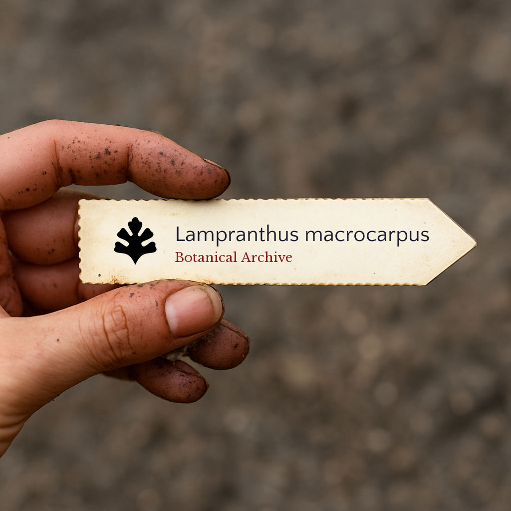 Etichetta per pianta stampata per Lampranthus macrocarpus tenuta da mano sporca all'aperto