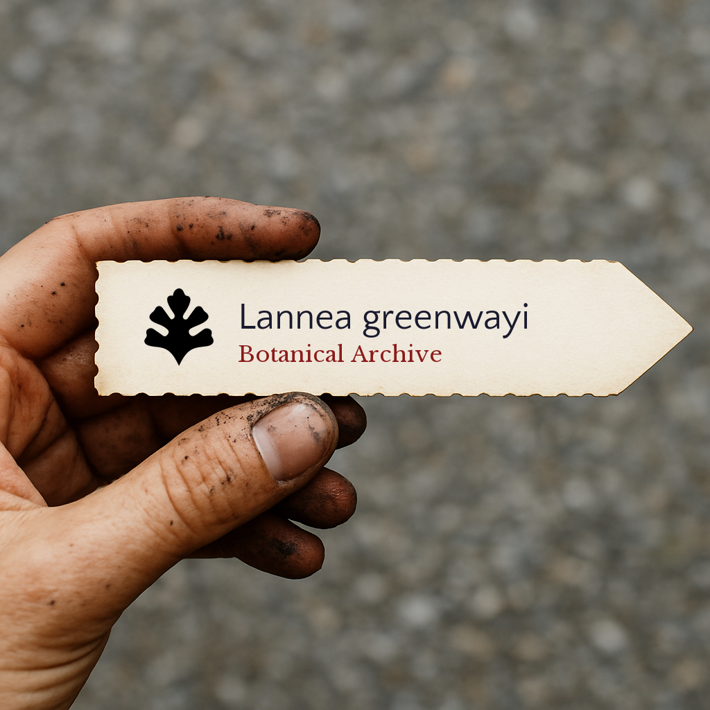 Etichetta stampata della pianta per Lannea greenwayi tenuta in mano sporca all'aperto