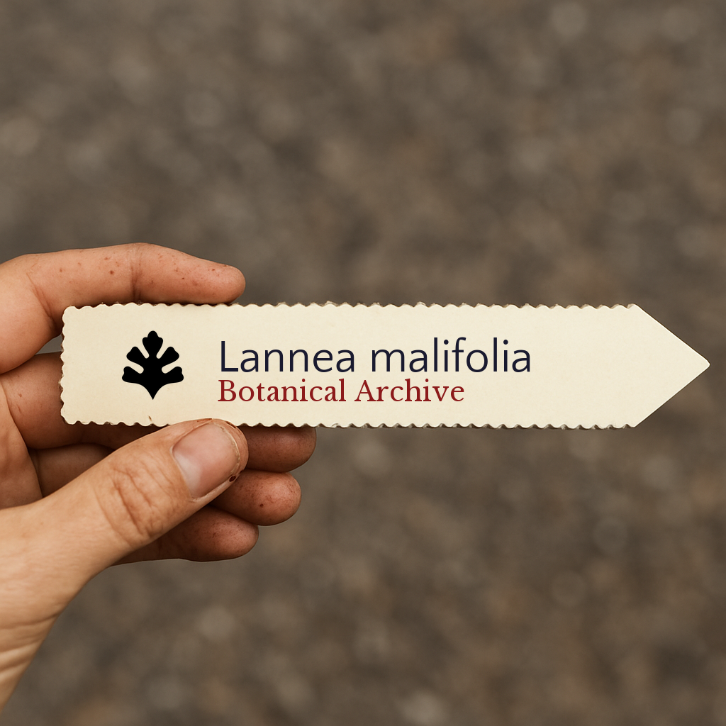 Etichetta per pianta stampata per Lannea malifolia con logo Botanical Archive tenuta a mano