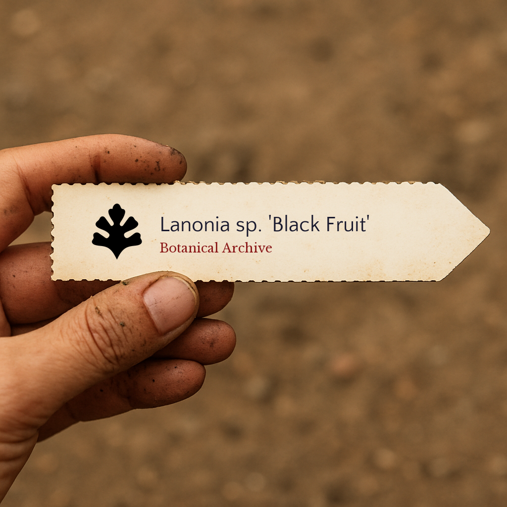 Printed plant label for Lanonia sp. 'Black Fruit' held by hand with soil background