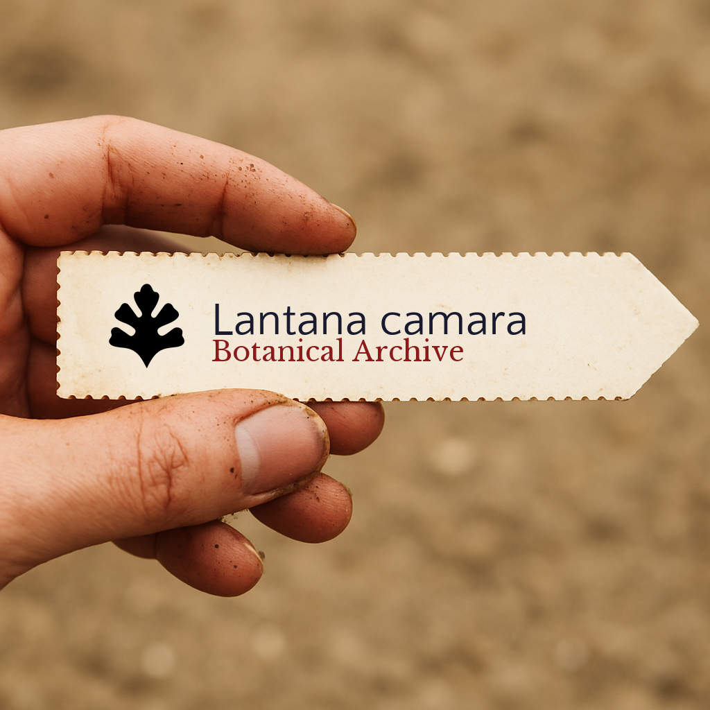 Printed plant label for Lantana camara held by hand with soil background