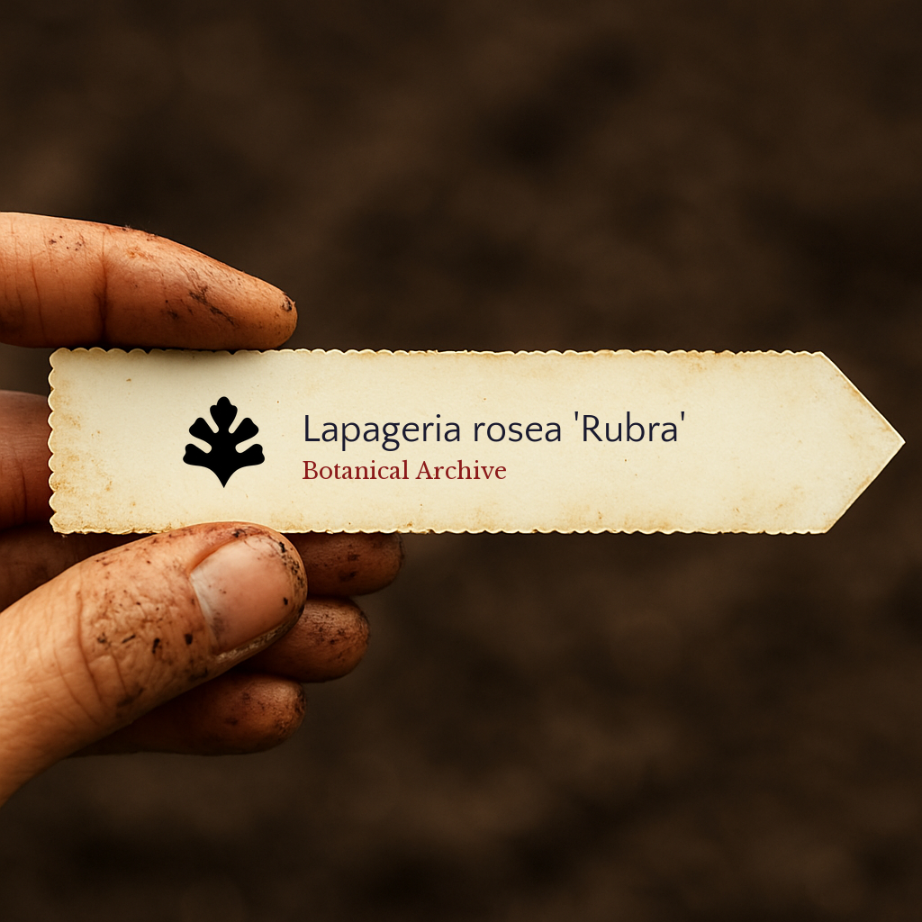Printed plant label for Lapageria rosea 'Rubra' held by dirty hand over soil background