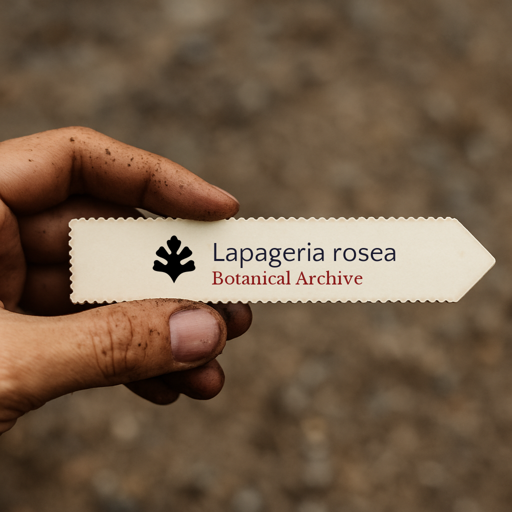 Etichetta vegetale stampata per Lapageria rosea tenuta da mano sporca con sfondo sfocato