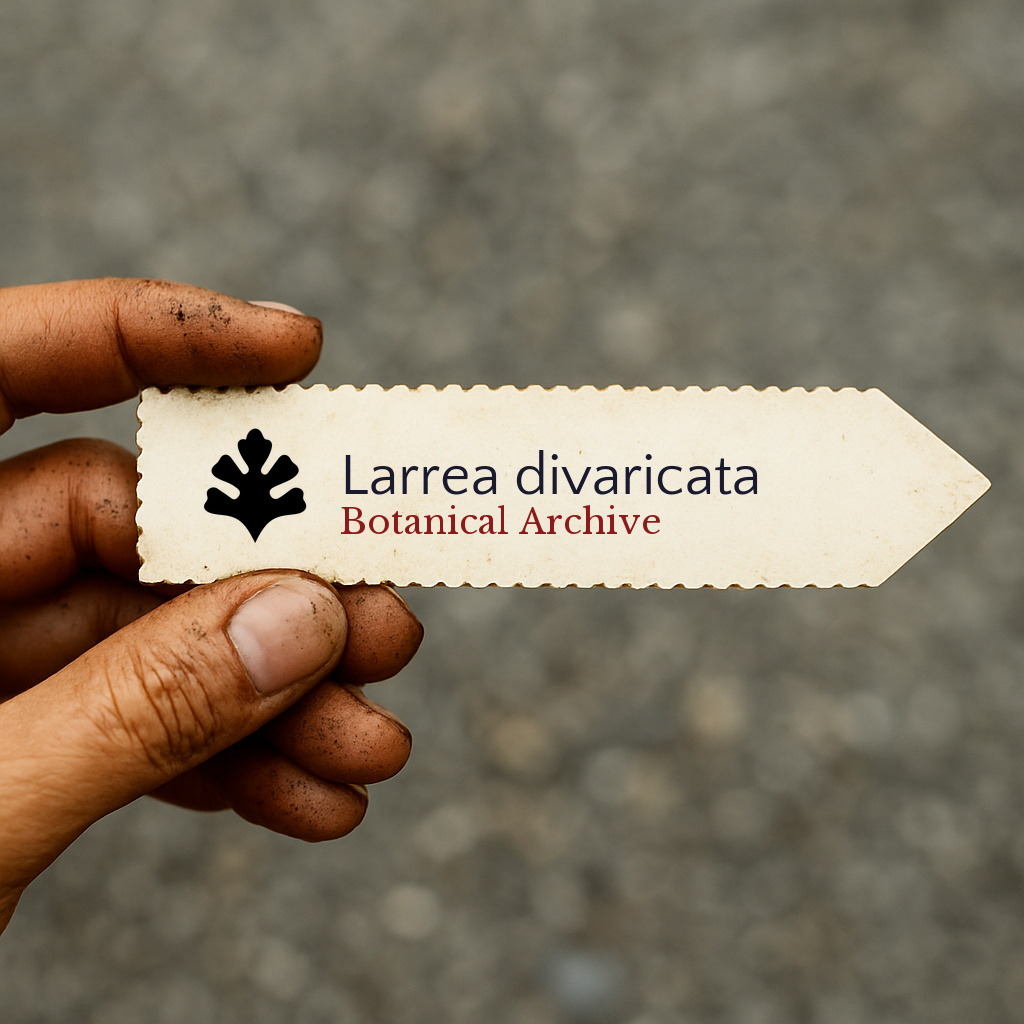 Printed plant label for Larrea divaricata held by dirty hand against blurred background