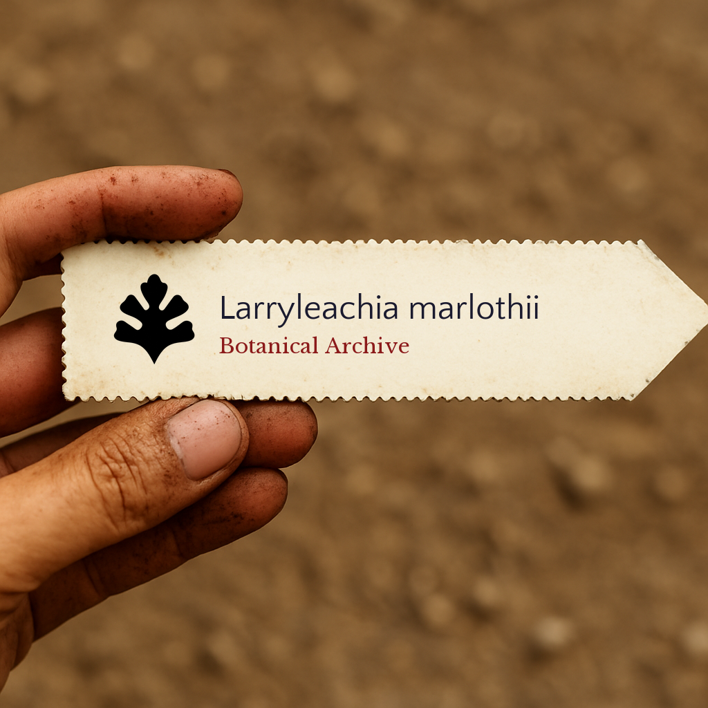 Etichetta con pianta stampata per Larryleachia marlothii su sfondo di terra