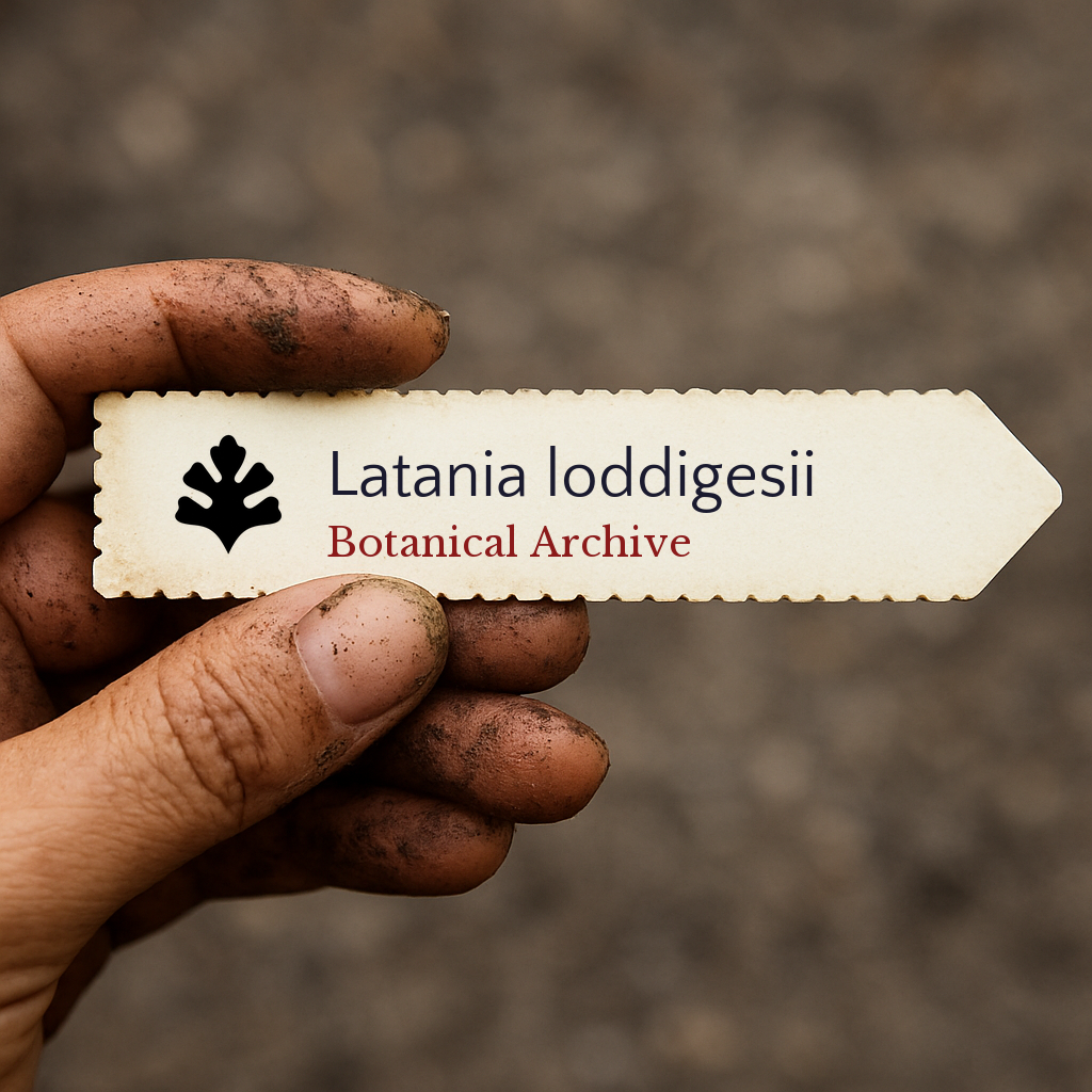 Etichetta per pianta stampata per Latania loddigesii tenuta da mano sporca all'aperto