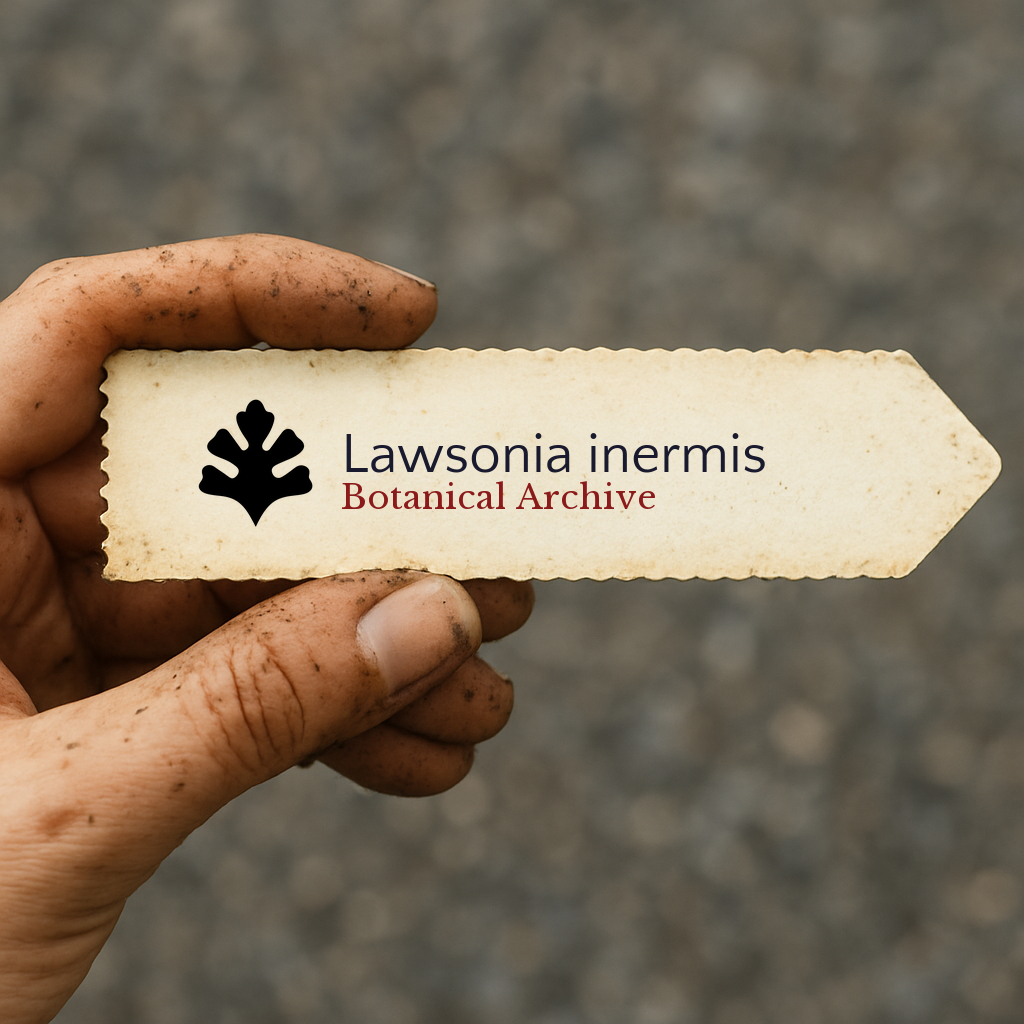Etichetta stampata per pianta di Lawsonia inermis tenuta da mano sporca con logo di Botanical Archive