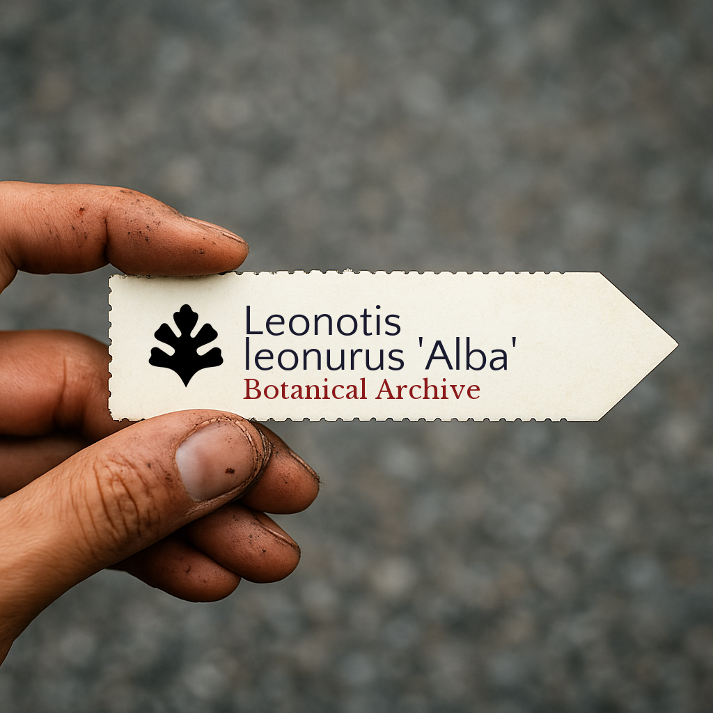 Printed plant label for Leonotis leonurus 'Alba' held by hand with soil on fingers