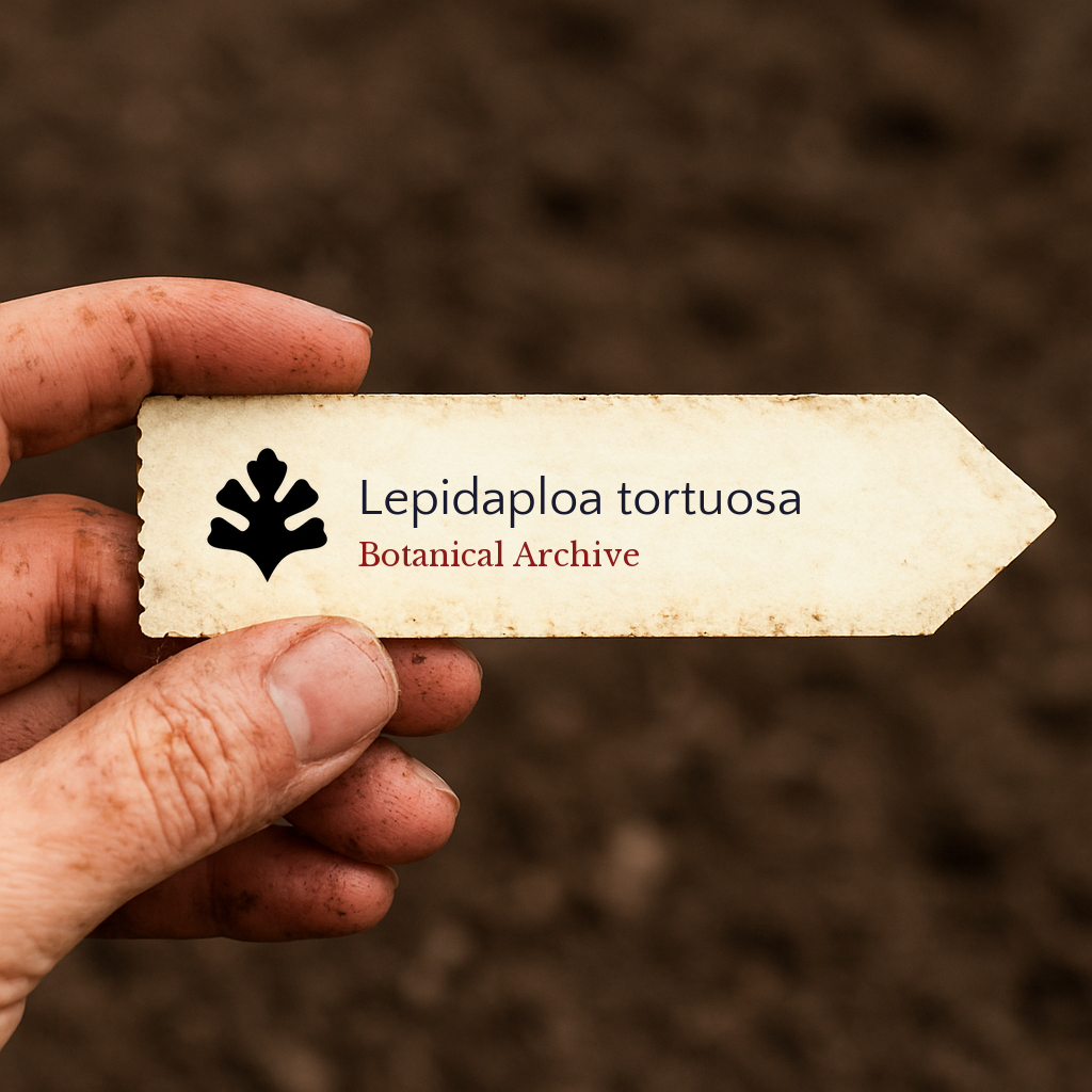Etichetta stampata per pianta di Lepidaploa tortuosa su sfondo di terra