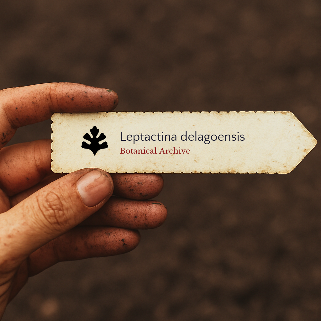 Printed plant label for Leptactina delagoensis held by dirty hand over soil background