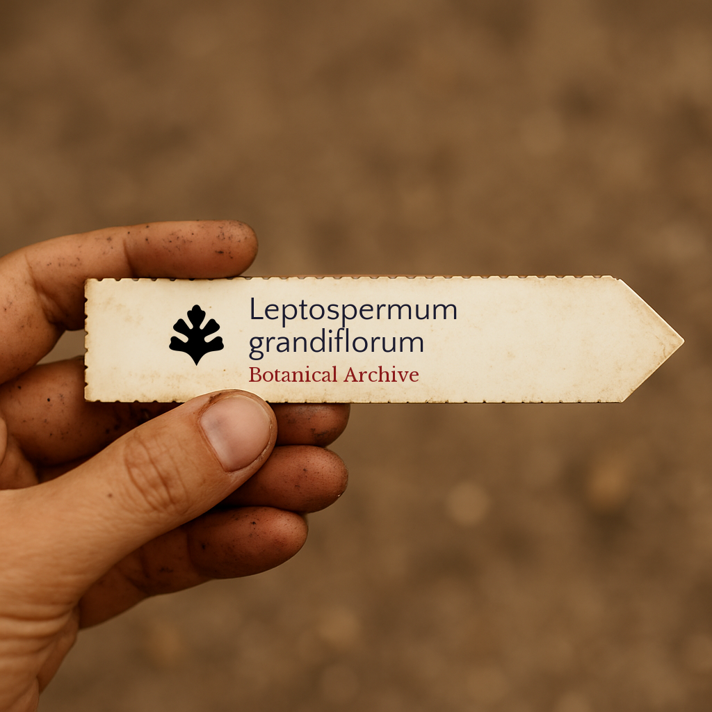 Printed plant label for Leptospermum grandiflorum held by hand with soil background
