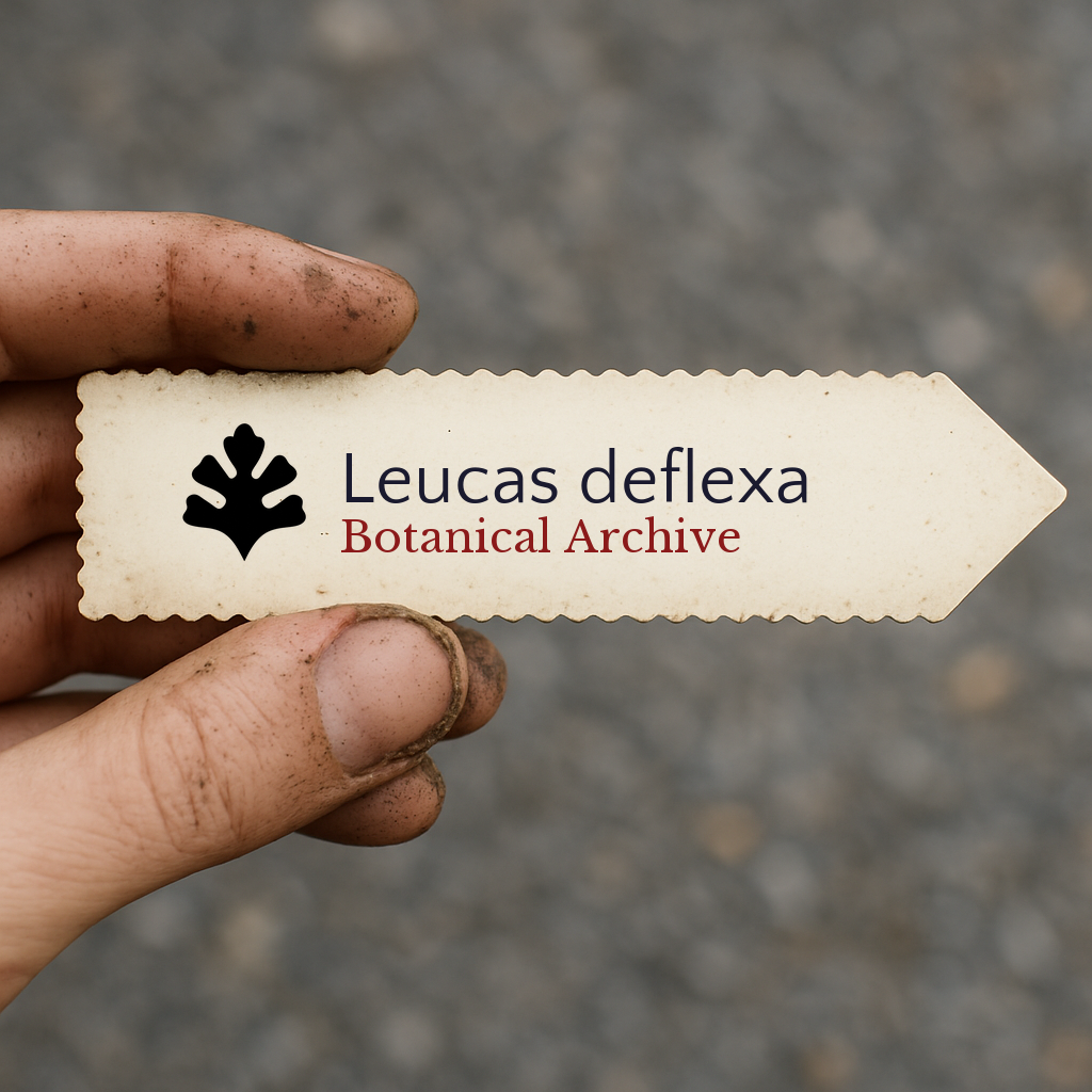 Printed plant label for Leucas deflexa held by dirty hand outdoors