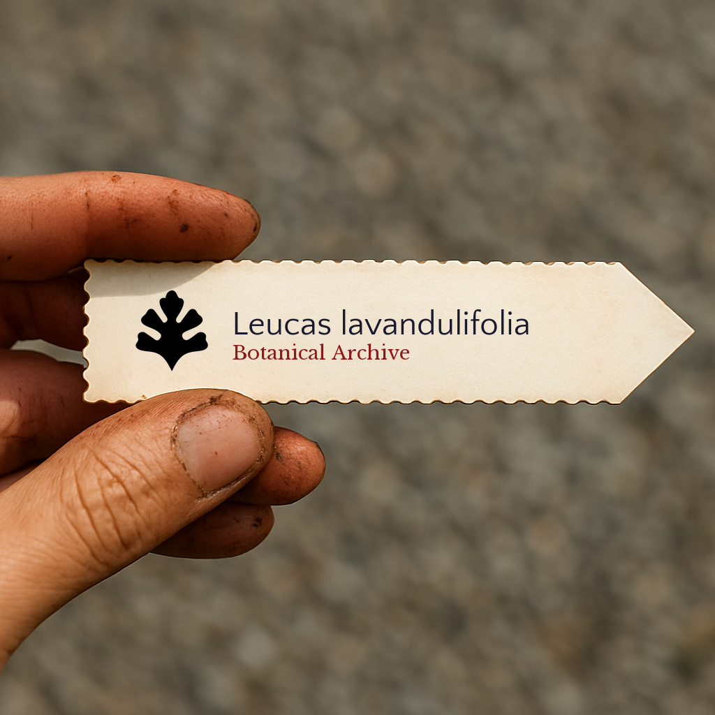 Printed plant label for Leucas lavandulifolia held by hand with dirt background