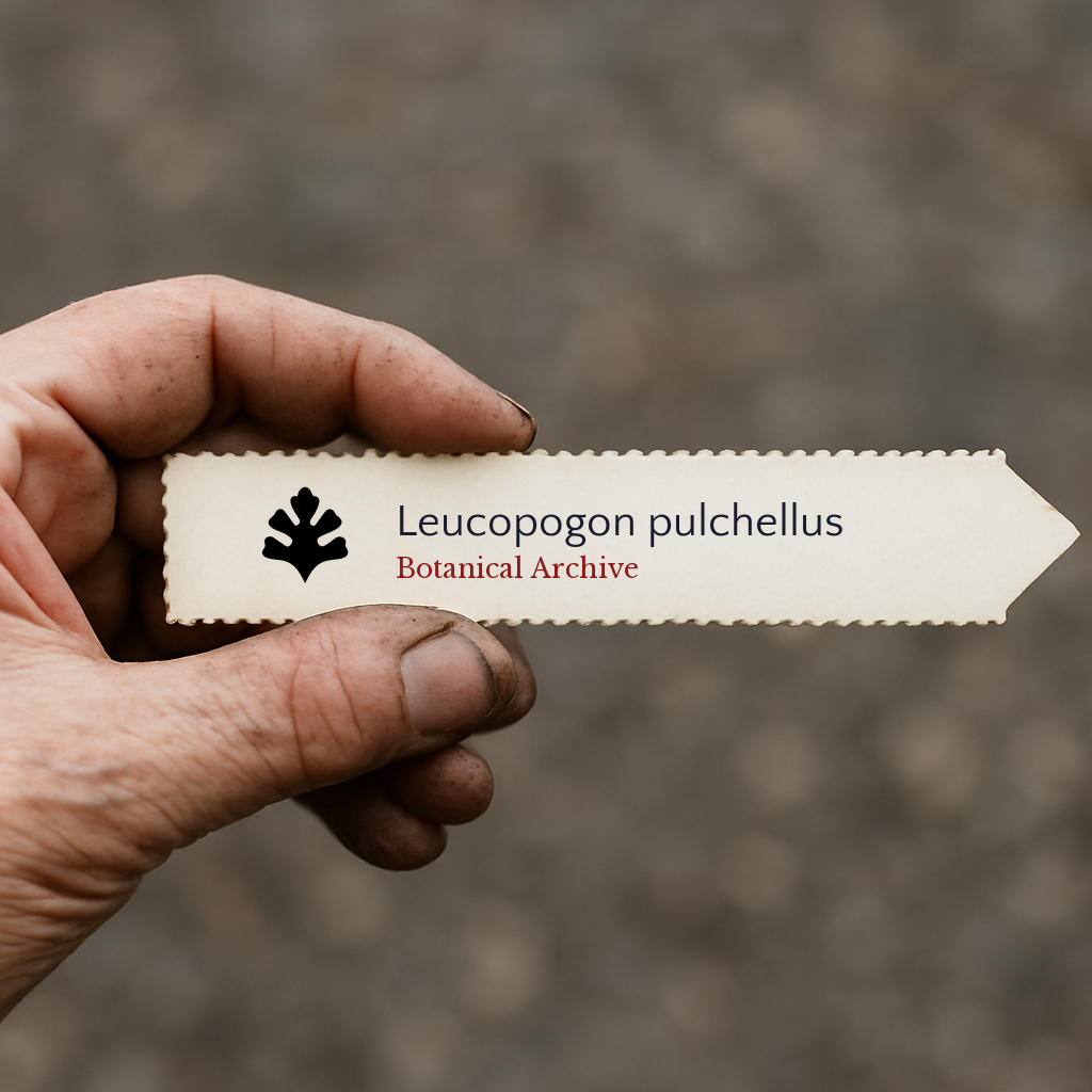 Printed plant label for Leucopogon pulchellus held by a hand with soil-stained fingers
