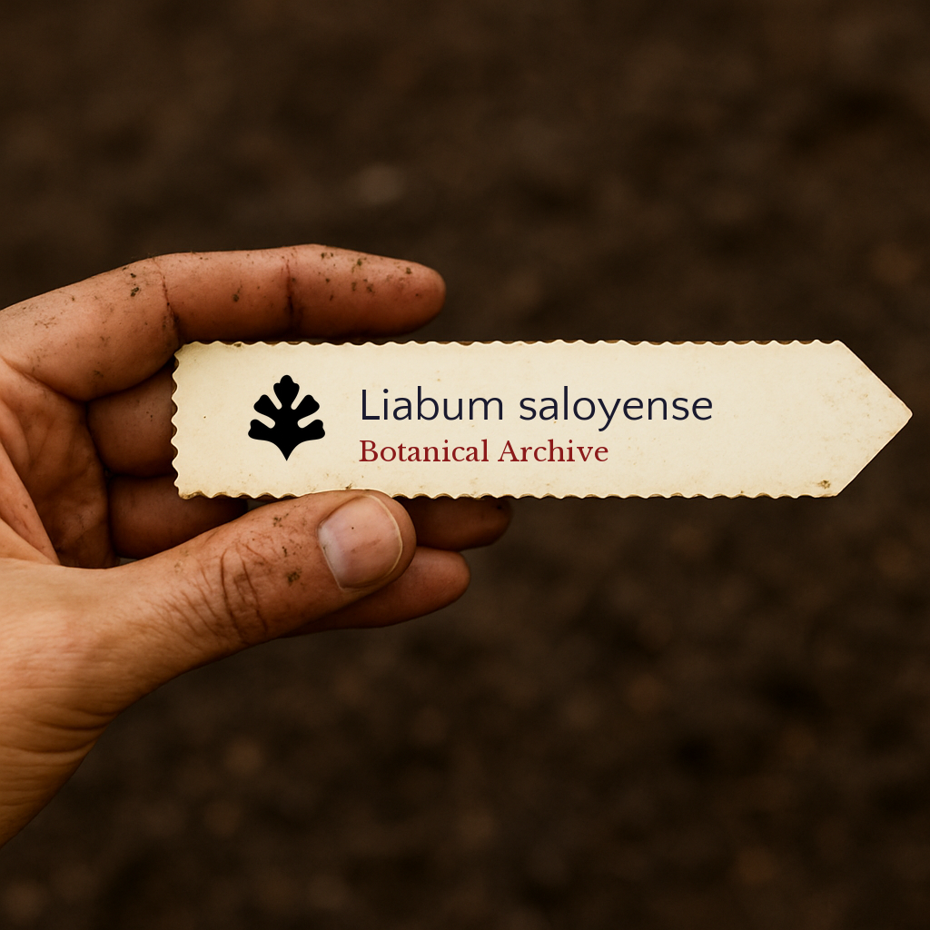 Printed plant label for Liabum saloyense with botanical archive logo held in hand