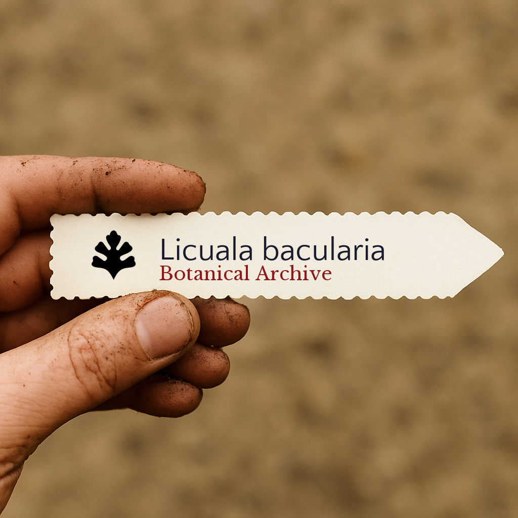 Printed plant label for Licuala bacularia held by dirty hand against soil background