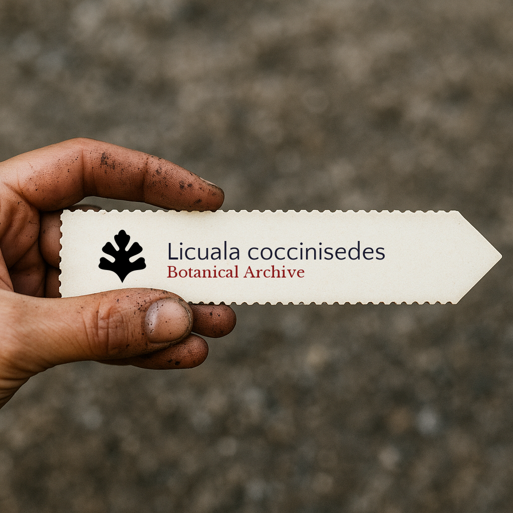 Printed plant label for Licuala coccinisedes held by dirty hand outdoors