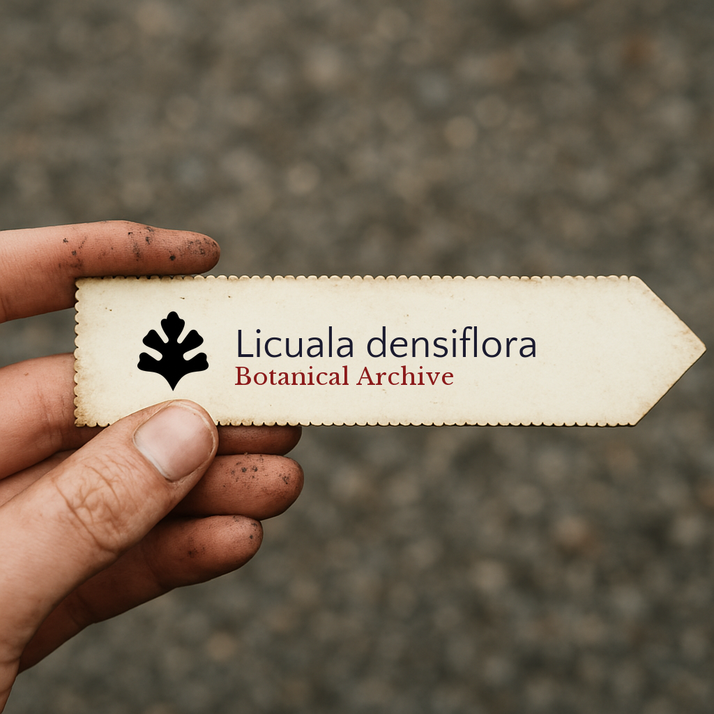 Etichetta piantina stampata per Licuala densiflora con logo di Botanical Archive tenuta a mano