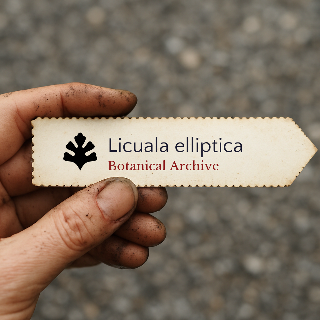 Printed plant label for Licuala elliptica held by hand with soil-stained fingers