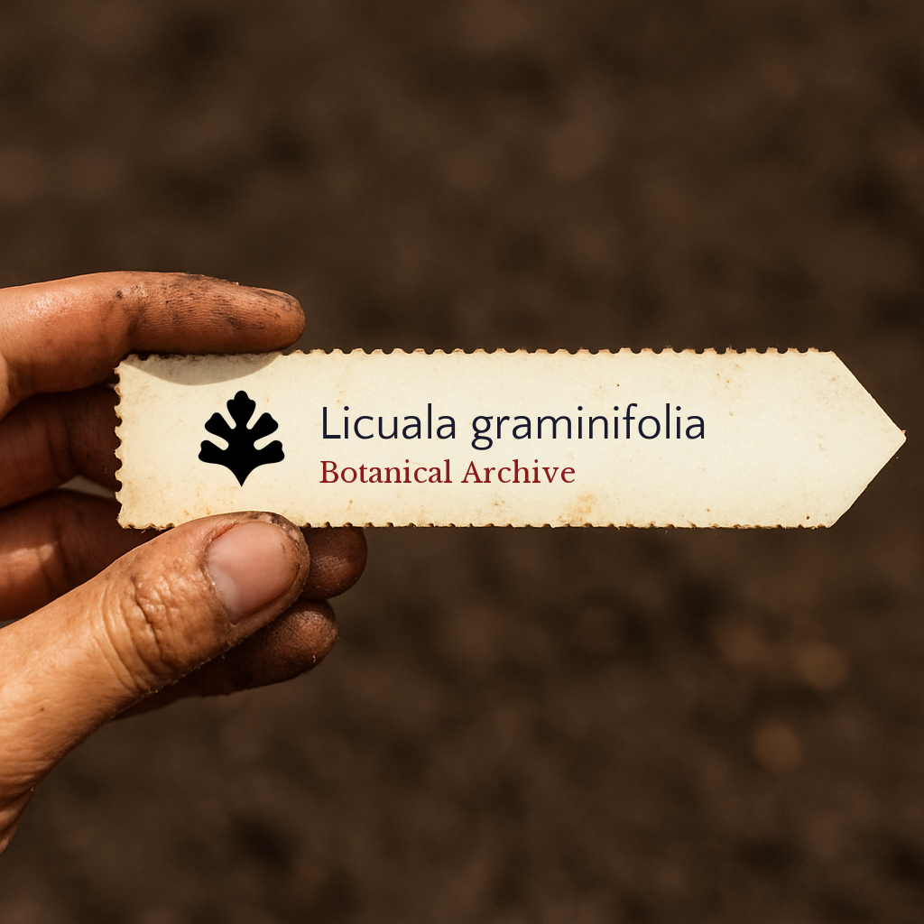 Vintage botanical archive label for Licuala graminifolia with decorative leaf icon