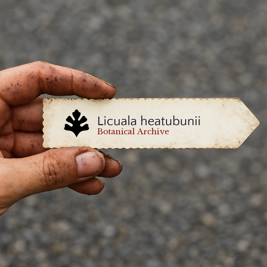 Etichetta per piante stampata per Licuala heatubunii con il logo di Botanical Archive tenuta da una mano sporca