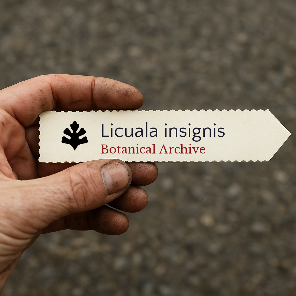 Printed plant label for Licuala insignis held by hand with dirt on fingers