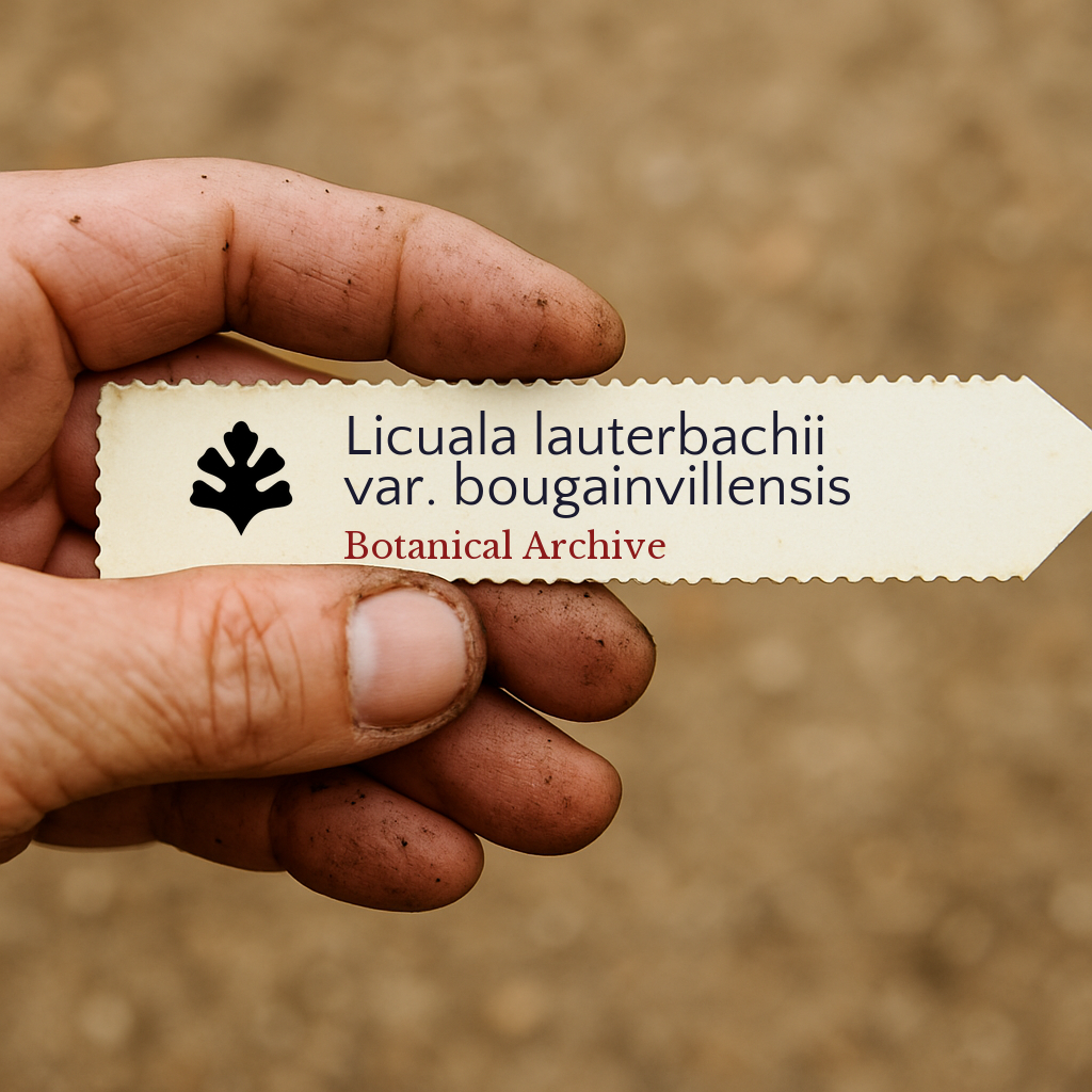 Etichetta stampata per pianta di Licuala lauterbachii var. bougainvillensis tenuta da mano sporca