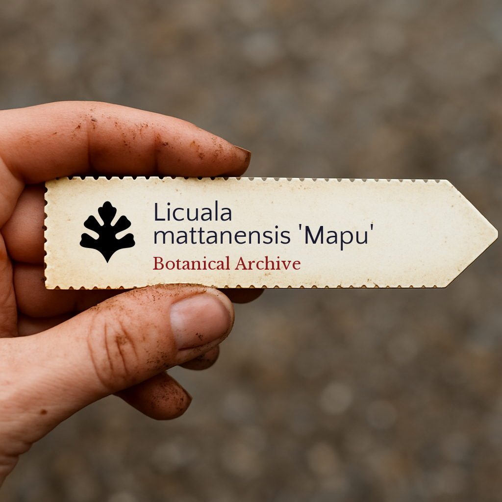 Printed plant label for Licuala mattanensis 'Mapu' held in dirty hand outdoors