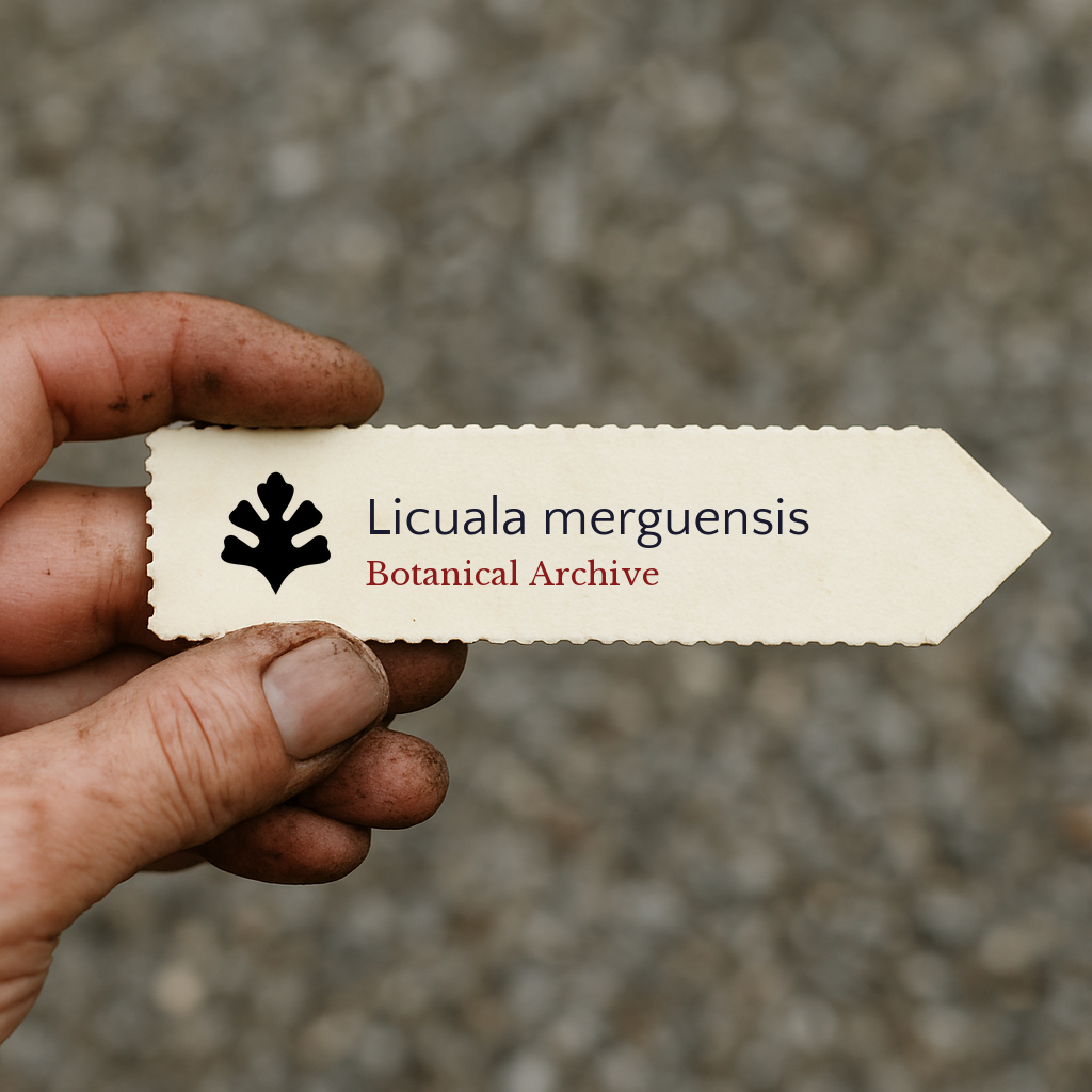 Printed plant label for Licuala merguensis held by hand with dirt on fingers