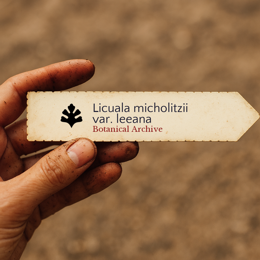 Printed plant label for Licuala micholitzii var. leeana held by dirty hand outdoors