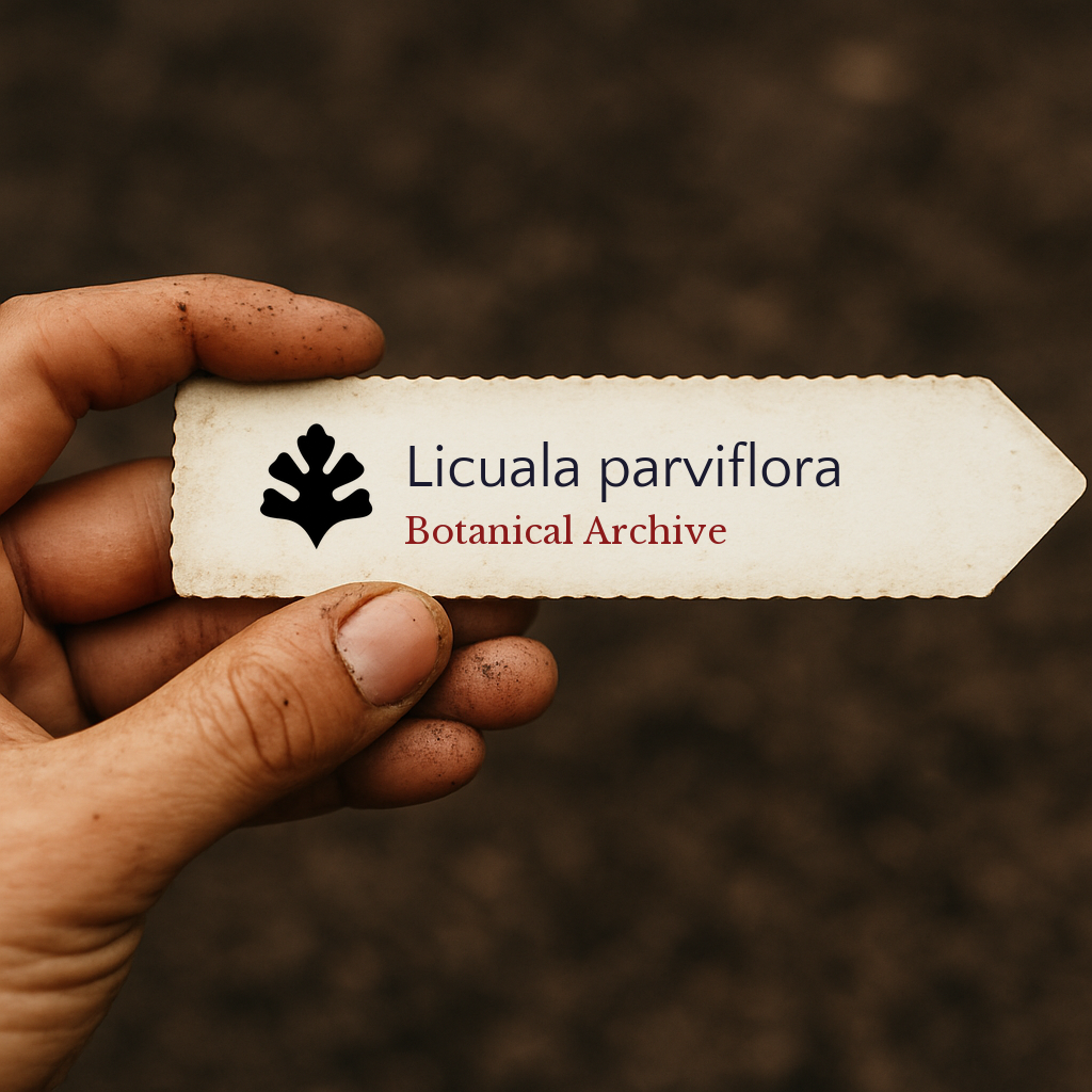 Printed plant label for Licuala parviflora held by hand with soil background
