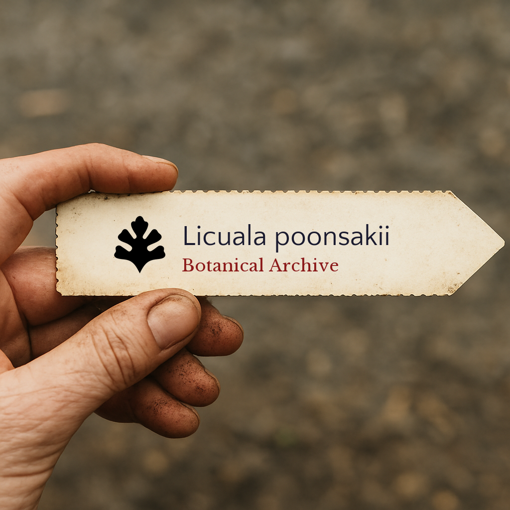Etichetta stampata per pianta di Licuala poonsakii tenuta a mano con sfondo di terreno