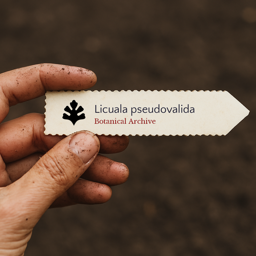 Printed plant label for Licuala pseudovalida with botanical archive logo held by dirty hand