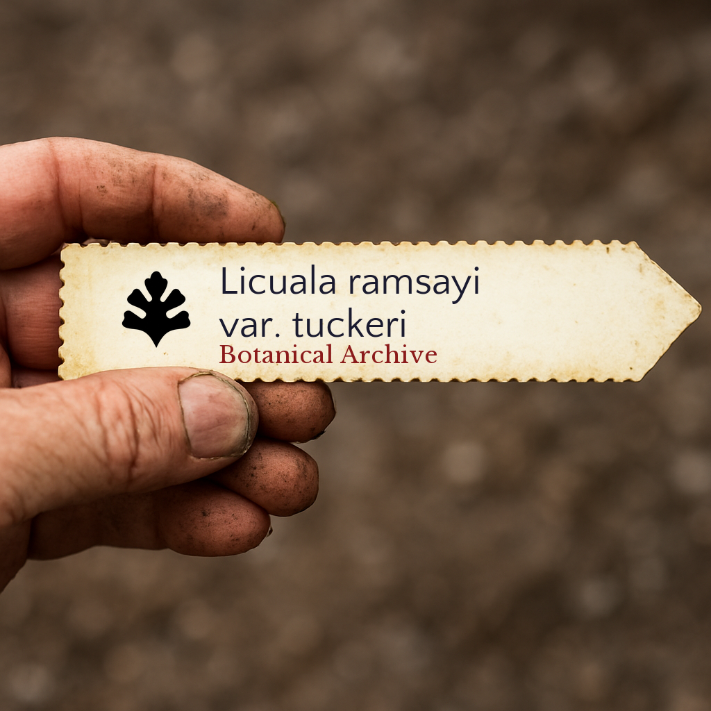 Printed plant label for Licuala ramsayi var. tuckeri held by hand with soil background