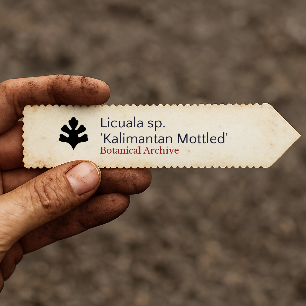 Printed plant label for Licuala sp. 'Kalimantan Mottled' held by dirty hand