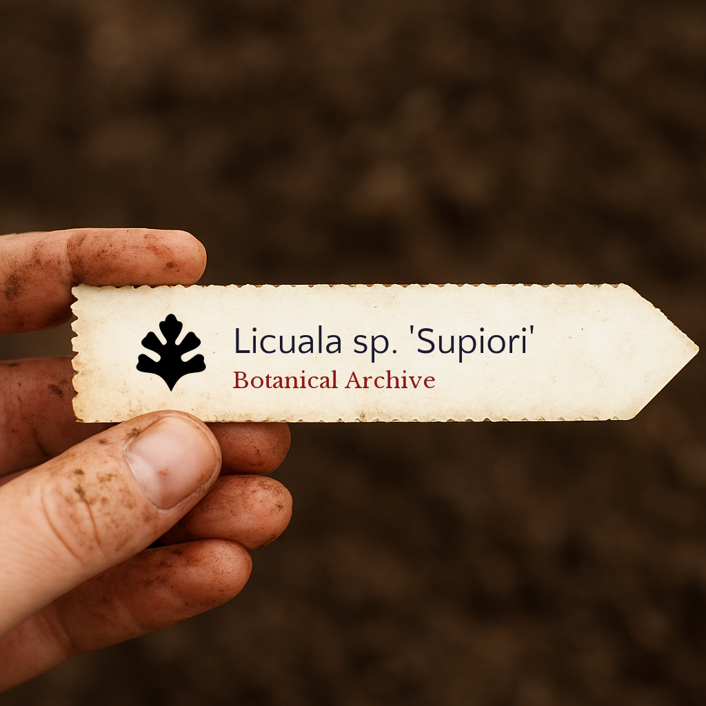 Etichetta stampata per pianta di Licuala sp. 'Supiori' tenuta da mano sporca su sfondo di terreno