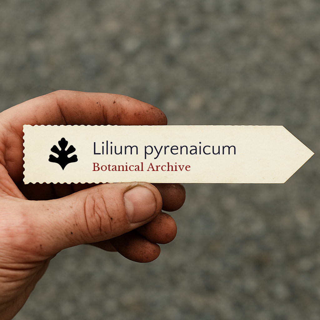 Printed plant label for Lilium pyrenaicum held by a dirty hand against blurred background