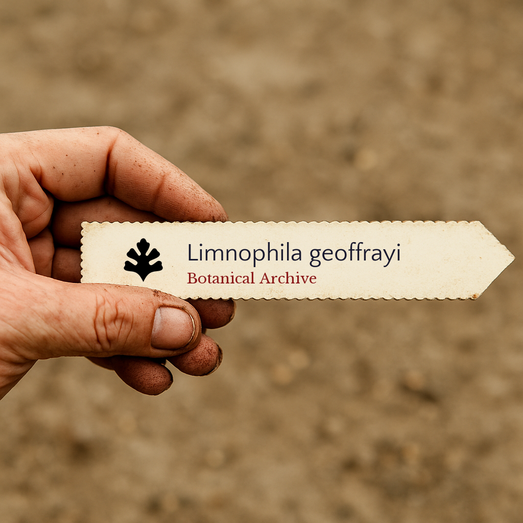 Printed plant label for Limnophila geoffrayi held by hand with soil background