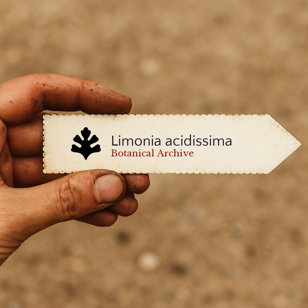 Printed plant label for Limonia acidissima held by hand with dirt background
